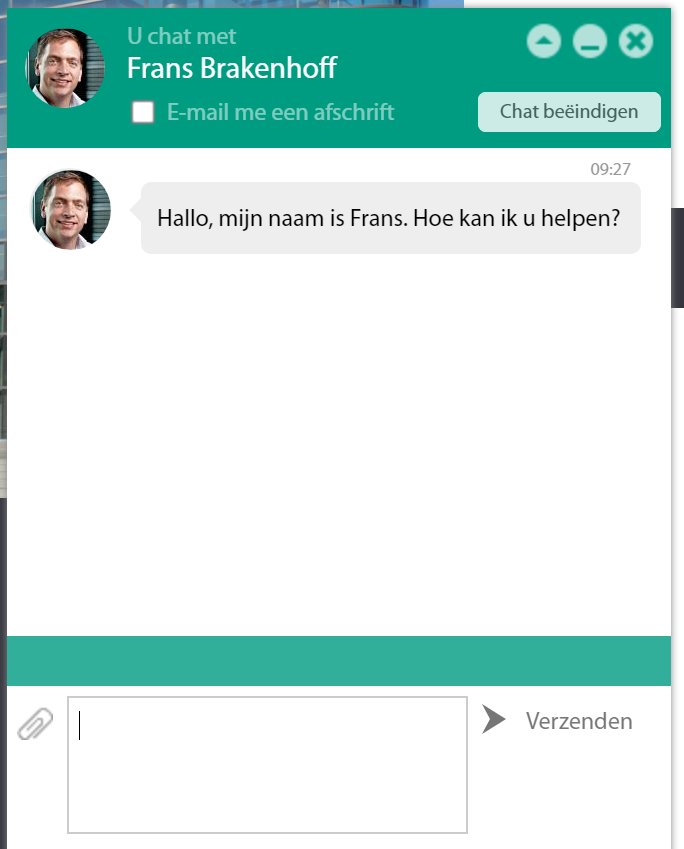 Hallo, mijn naam is Frans. Hoe kan ik u helpen? Via onze website kunt u sinds kort ook uw vragen via de chat stellen. Stel uw vraag een van onze medewerkers, bijvoorbeeld aan Frans, en wij helpen u dan vraag verder. #WijHelpenUGraag