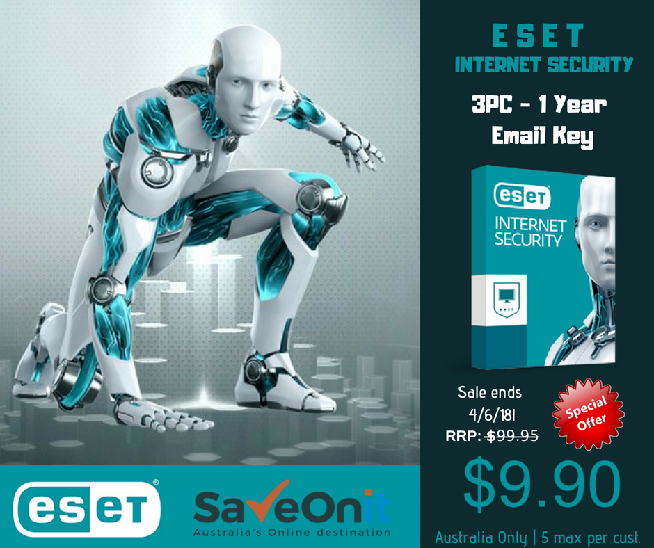 SaveOnITAu's tweet photo. ESET Internet Security 3 Devices 1 year key for under $10 #DEAL 
Ends 4/6/18 or until stocks run out! 
https://t.co/8SK2QSEwVi   

[2% surcharge on payments via PayPal or CC | For use in Australia only] https://t.co/ggcGfWwp23
