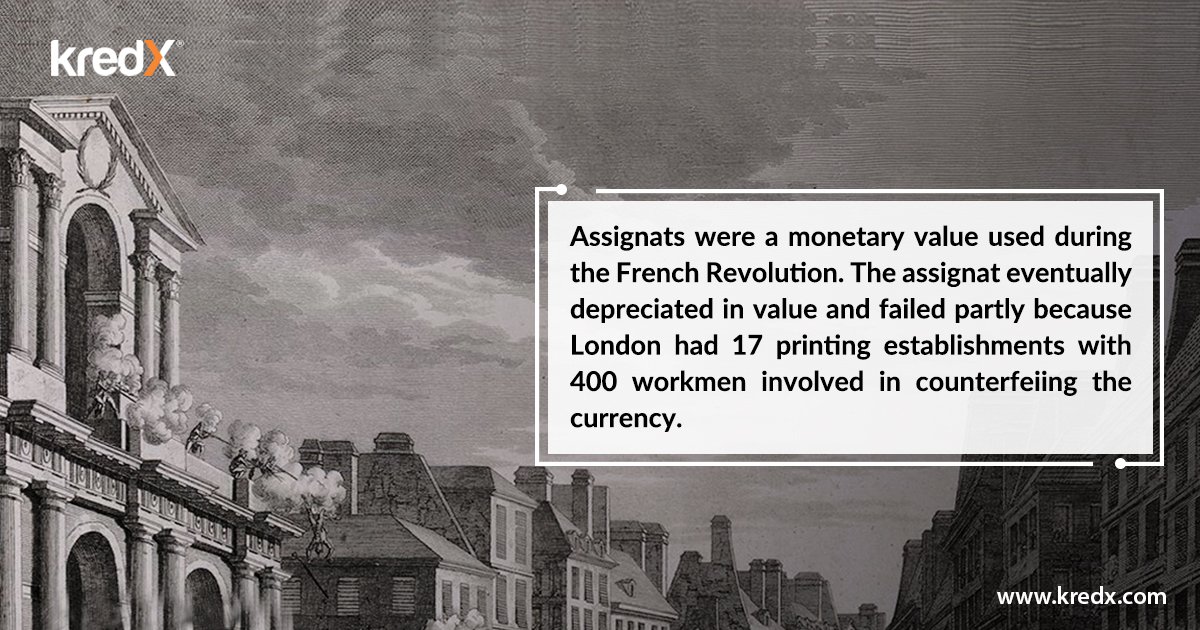 kredxindia's tweet image. FindOutFriday #DidYouKnow Assignats were a #monetaryvalue used during the #FrenchRevolution. The #assignat eventually #depreciated in value partly because #London had 17 printing establishments with 400 workmen involved in #counterfeiing the currency.goo.gl/pDwpMF