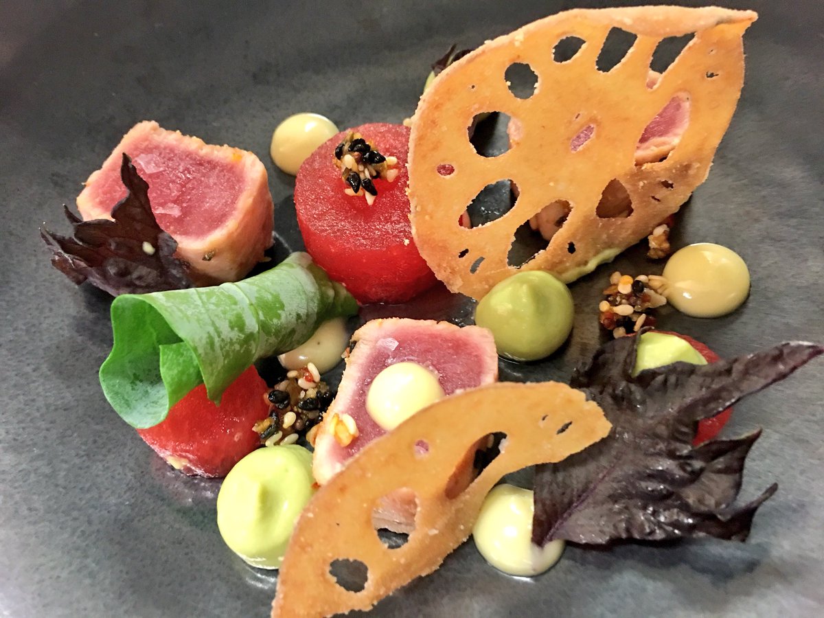Seared Tuna, wasabi mayo, avo purée, watermelon and lotus root crisps <a href="/MashPurveyors/">Mash Purveyors</a> <a href="/GoodfellowsLtd/">G&G Goodfellows Ltd</a> #TGIF