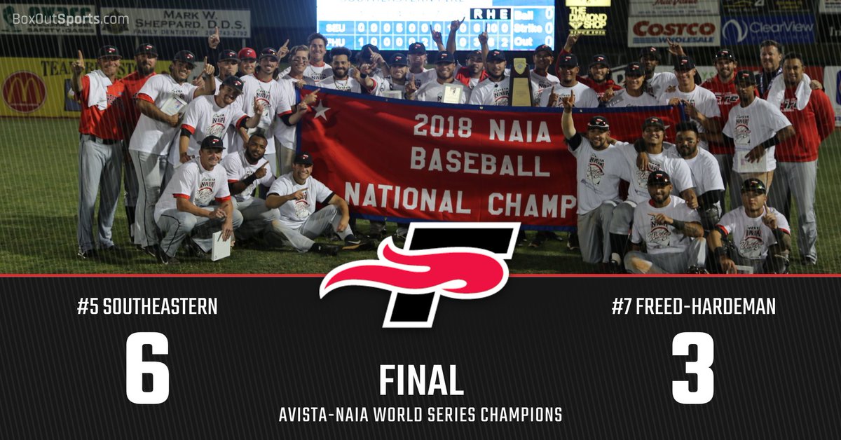 SEUFireBaseball's tweet image. NATIONAL CHAMPIONS! The Fire defeat the Freed-Hardeman Lions 6-3 to win the first NAIA National Championship in @FireAthletics history! #FanTheFire🔥 #NAIAWorldSeries #AllRoadsLeadHere