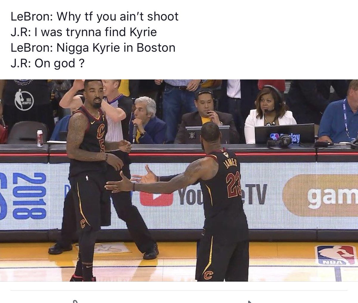 shelbyn_23's tweet photo. These memes literally the only thing keeping me from going off 😂😂😂 #CavsWarriors #Jrsmith #NBAFinals18 https://t.co/lGFjKUufib