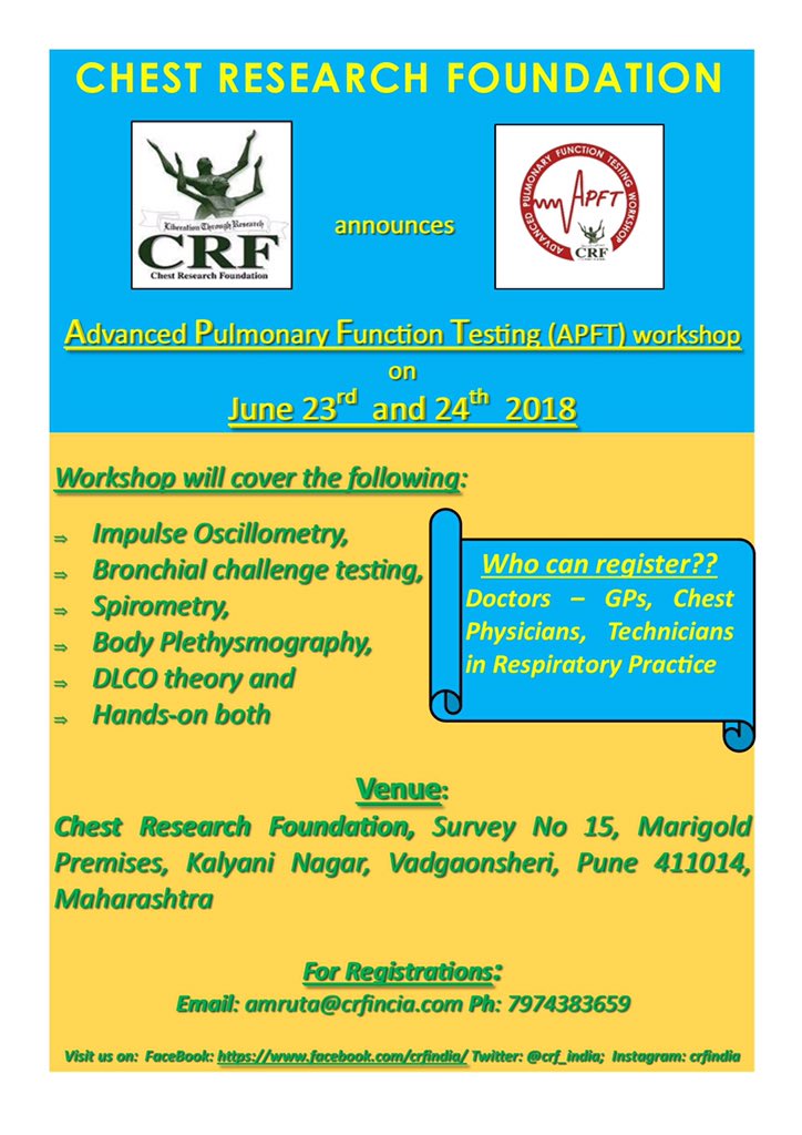crf_india's tweet photo. CRF announces APFT on 23rd and 24th June 2018. Have you registered yourself? Register now, we have limited seats! #CRFPune #Asthma #COPD #Knowledge #Research https://t.co/8QaN0o2opc