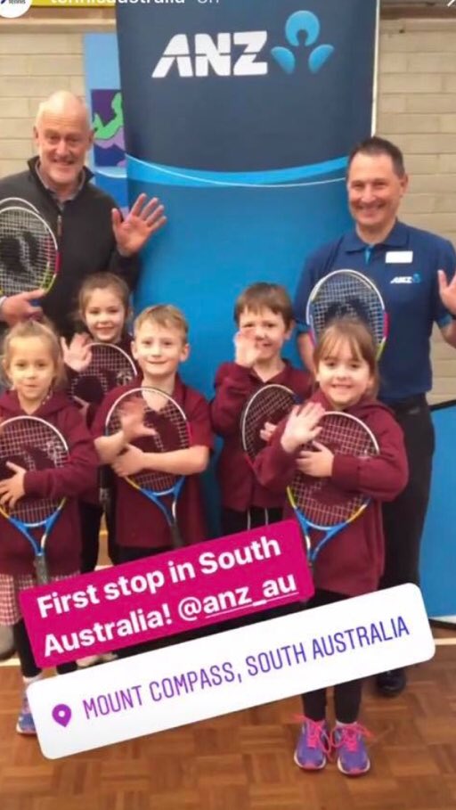 ANZ Branch Manager Victor Harbor with Tennis Australia John Fitzgerald presenting Tennis racquets to Mt Compass school students. Great to see ANZ supporting junior sports! <a href="/wilsonsaAnz/">Darren Wilson</a> <a href="/larissa_beeson/">Larissa Beeson</a> <a href="/paul_presland/">Paul Presland</a> <a href="/claudepiscione1/">Claude Piscioneri</a> <a href="/RayMartin1963/">Ray Martin</a> <a href="/bprinaldi/">Brendan Rinaldi</a> <a href="/Justink9189/">Justin Kelly</a>