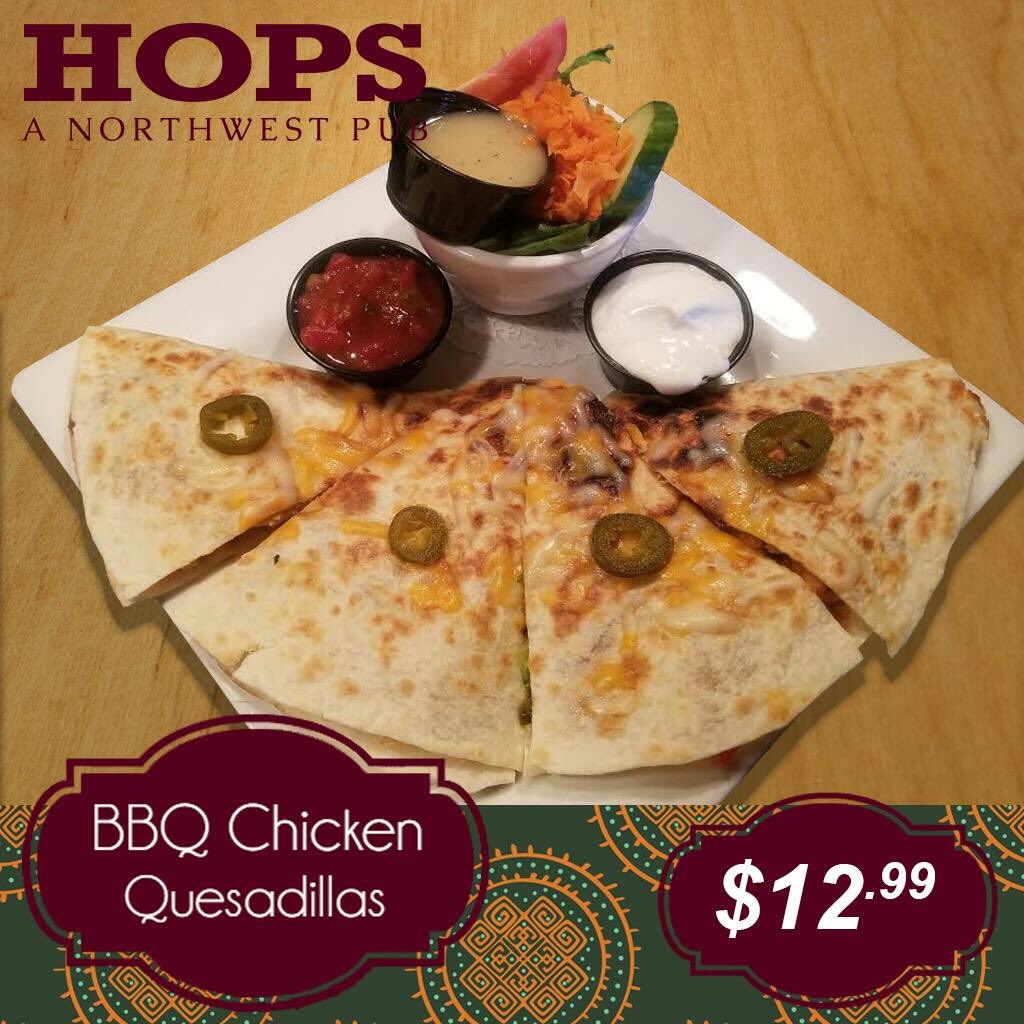 HopsPub's tweet image. Check out our latest food specials, BBQ Chicken Quesadilla with side salad for only 12.99.

#FoodSpecials #HopsPub #Quesadilla #BBQChicken #Mexican