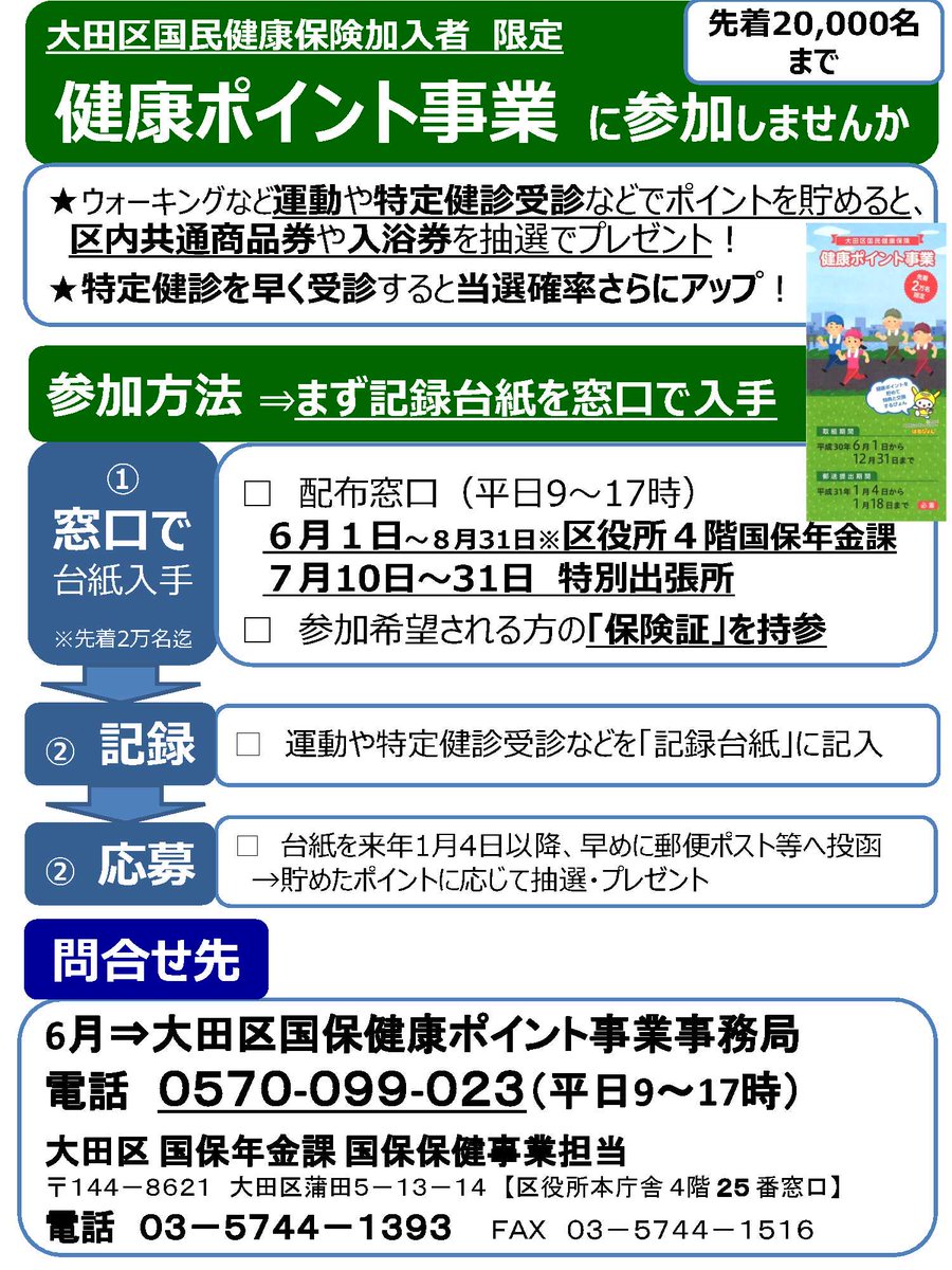 大田区 On Twitter 大田区国民健康保険加入者 先着20 000名限定 6月から健康ポイント事業スタート 日々の運動や各種健診受診を記録台紙に記入してポイントを貯めると 抽選で区内共通商品券 都内共通入浴券がもらえます 申込書兼記録台紙の入手方法はこちらhttps