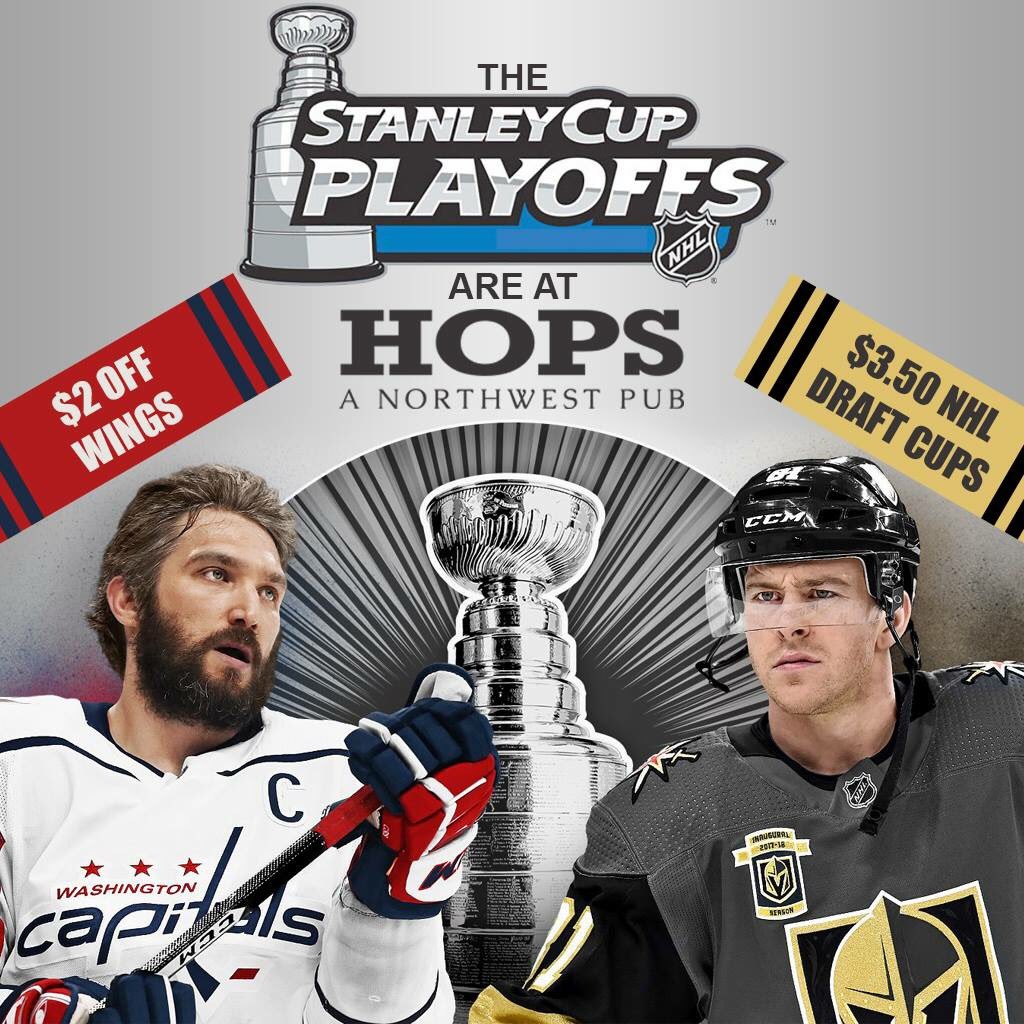 HopsPub's tweet image. Hops Pub is your 2018 NHL Finals headquarters. Join us every game and enjoy $2 off Wings and $3.50 NHL Draft Cups.

#NHLFinals #CapsVSKnights #WeWantTheCup #Gameday #Specials #HopsNorthwestPub