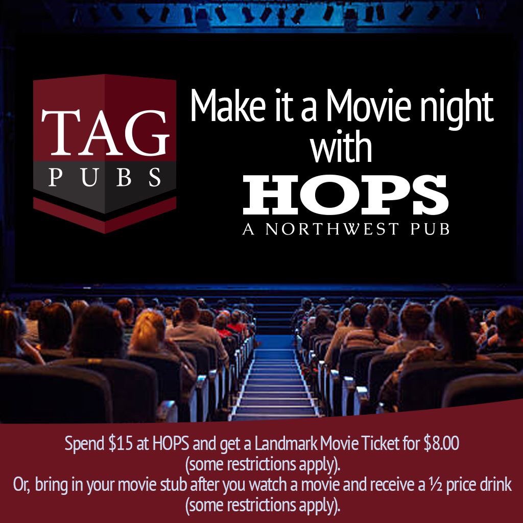 HopsPub's tweet image. Get ready for all the summer blockbusters!

Spend $15 at HOPS and get a Landmark Movie Ticket for $8.00 (restrictions apply). Or, bring in your movie stub after you watch a movie and receive a ½ price drink (some restrictions apply).

#Blockbusters #Movies #Hollywood #TAGPubs