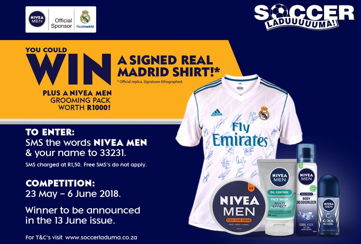 Soccer_Laduma's tweet photo. WIN ‼️
Stand A Chance To Win With NIVEA MEN
The prize? A signed Real Madrid shirt (*official replica, with lithographed signatures) and a Nivea Men Grooming Pack worth R1000.
https://t.co/EOGY4gLH3i
T’s & C’s Apply. #SLComp
https://t.co/zUANo7U7dS
#NIVEAMEN https://t.co/kqFOzuJoKB