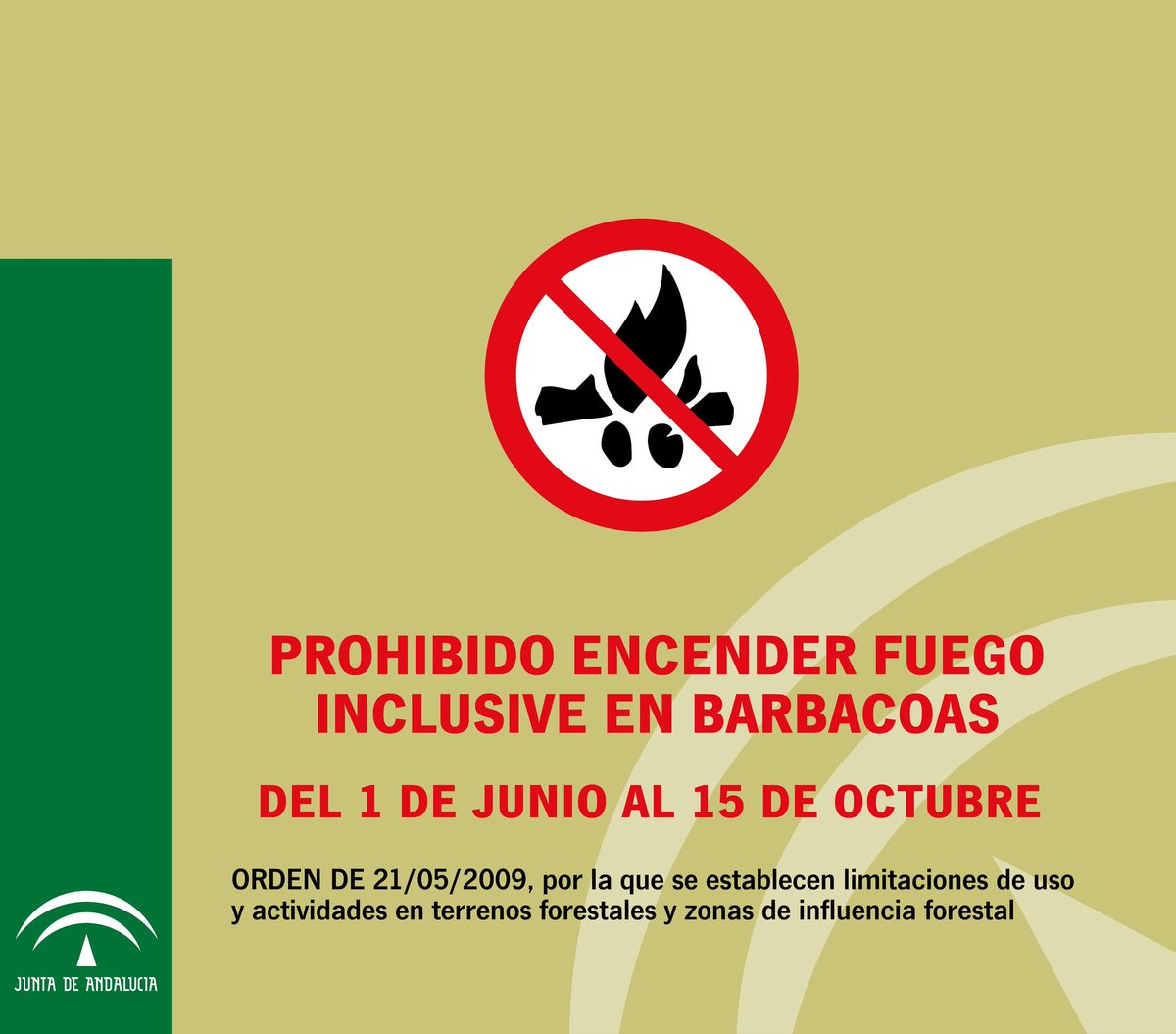 Plan_INFOCA's tweet image. ALTO RIESGO DE INCENDIOS FORESTALES | Desde hoy, 1 de junio, hasta el 15 de octubre queda prohibido el uso del fuego y el tránsito de vehículos a motor en espacios forestales o de influencia (400 m), así como la realización de barbacoas, incluso en áreas habilitadas.