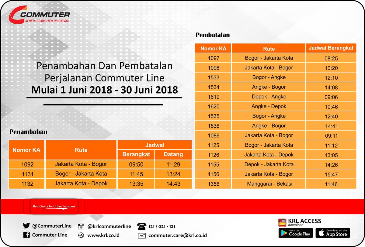 CommuterLine's tweet photo. #RekanCommuters Berikut jadwal penambahan perjalanan dan pembatalan Guna  perawatan rangkaian mulai 1 Juni 2018. Info lengkap silakan kunjungi  link berikut ini https://t.co/wDmhyG0ZBu https://t.co/CnrPhvGBeM