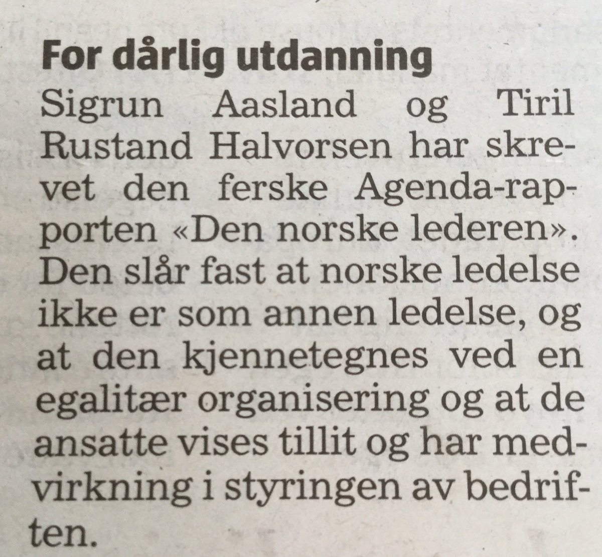 Ny rapport påpeker at lederutdanninger vektlegger amerikanskinspirerte managementteorier framfor den nordiske samarbeidsmodellen.
LO og NHO er bekymret. (KK)
Hva med skolelederutdanningene, <a href="/ks/">Kelly Suzanne</a> @utdanningsf <a href="/skolelederOrg/">Skolelederforeningen</a> <a href="/Osloskolen/">Utdanningsetaten</a> <a href="/norsklektorlag/">Norsk Lektorlag</a> @SLforbund <a href="/Udir/">Utdanningsdirektoratet</a> ?