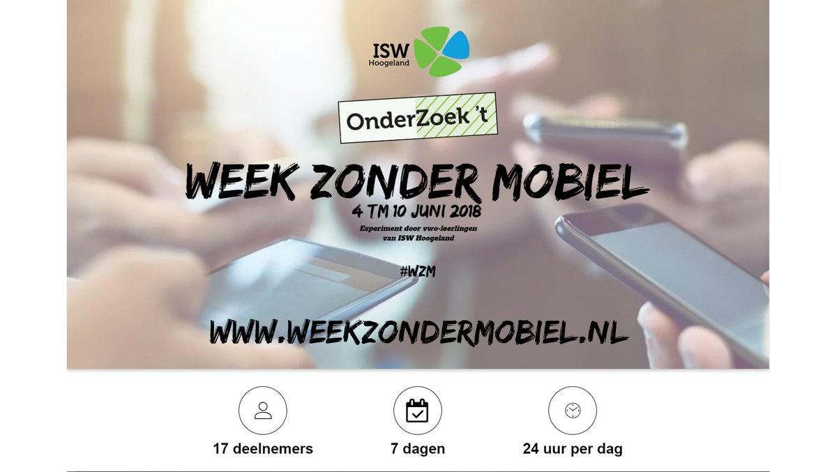 Wat zijn de voor- en nadelen van smartphonegebruik? Leerlingen van de vwo-afdeling #ISWHoogeland OnderZoeken ‘t!
Volgt het experiment ‘Week zonder mobiel’ via weekzondermobiel.nl #WZM