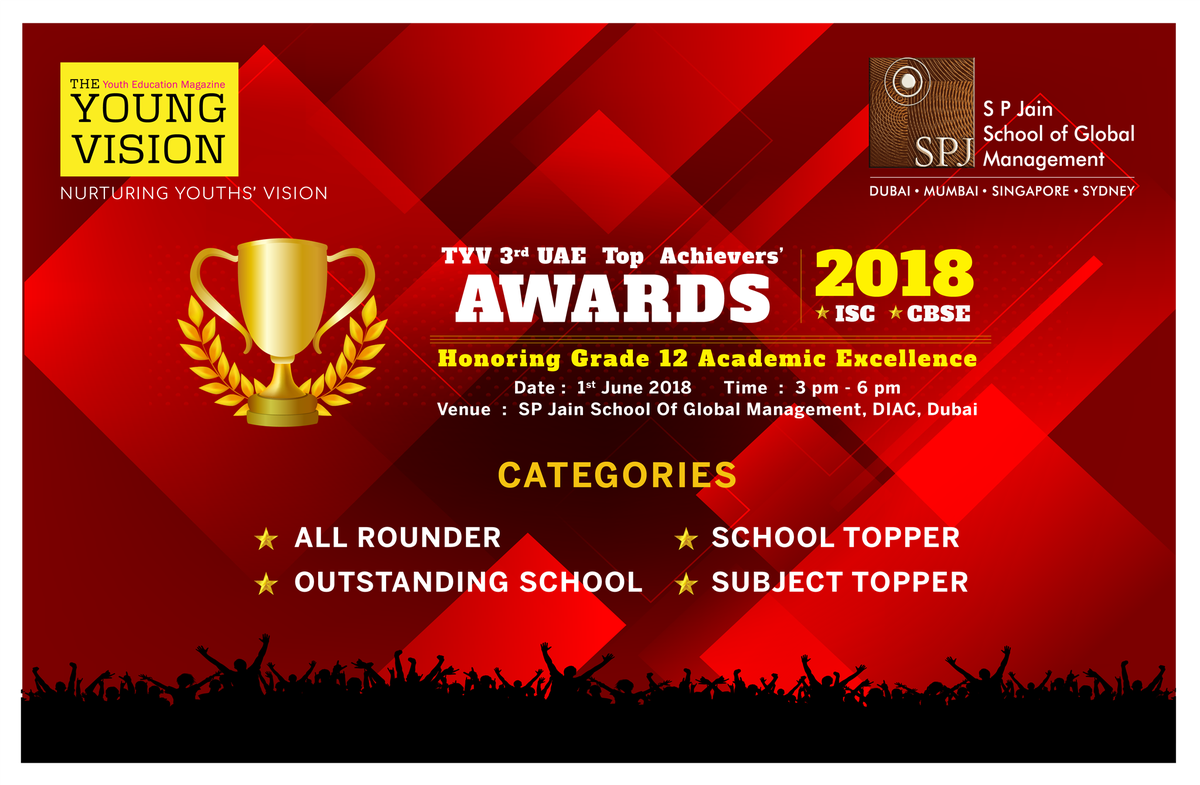 theyoungvision's tweet photo. To honor CBSE / ISC students for their hard work and dedication @theyoungvision & @SPJainDubai are giving out UAE Top Achievers Award for Commerce Students. Register Today: https://t.co/64TyLSSbo2 #TYVAchieversAward #TYVAwards2018 #SPJain #CBSECommerce #TYV #TYVMOVEMENT https://t.co/j2Pb3wI40C