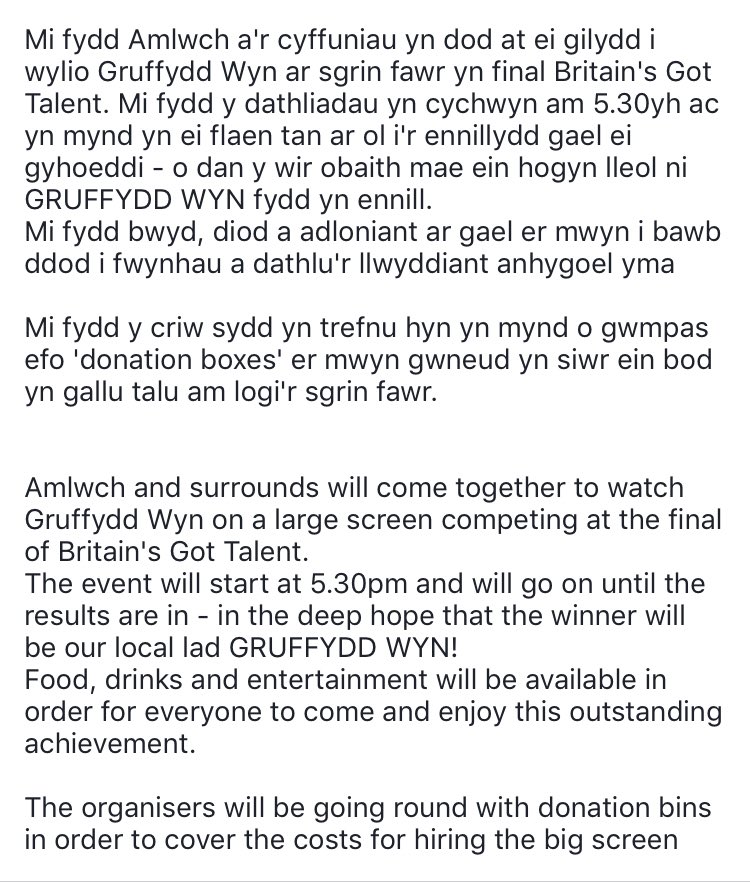 mad_sl's tweet photo. Mae’n digwydd! Gwyliwch Gruff yn ffeinal @bgt nos Sul ar y sgrin fawr ym Mhorth Amlwch! 
Dewch i gefnogi! #CefnogaethMAD

It’s happening! Watch @gruffydd_wyn in the @BGT live final at Amlwch Port on Sunday! We’ll be showing it on the BIG screen. Be there from 5.30pm #MADSupport https://t.co/UhXnQZxqua