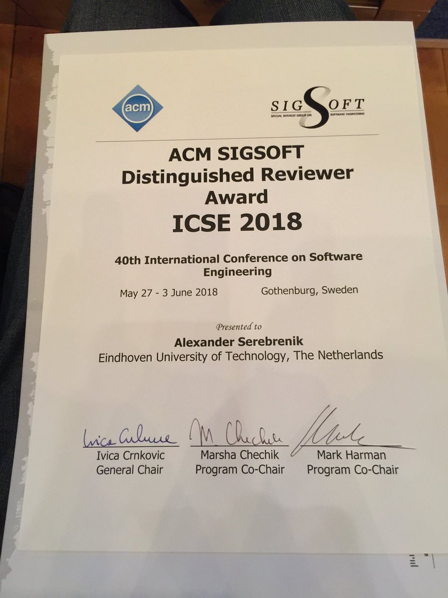 aserebrenik's tweet image. Honored to having won the ACM SIGSOFT Distinguished Reviewer Award ICSE 2018 #icse18 #icse2018