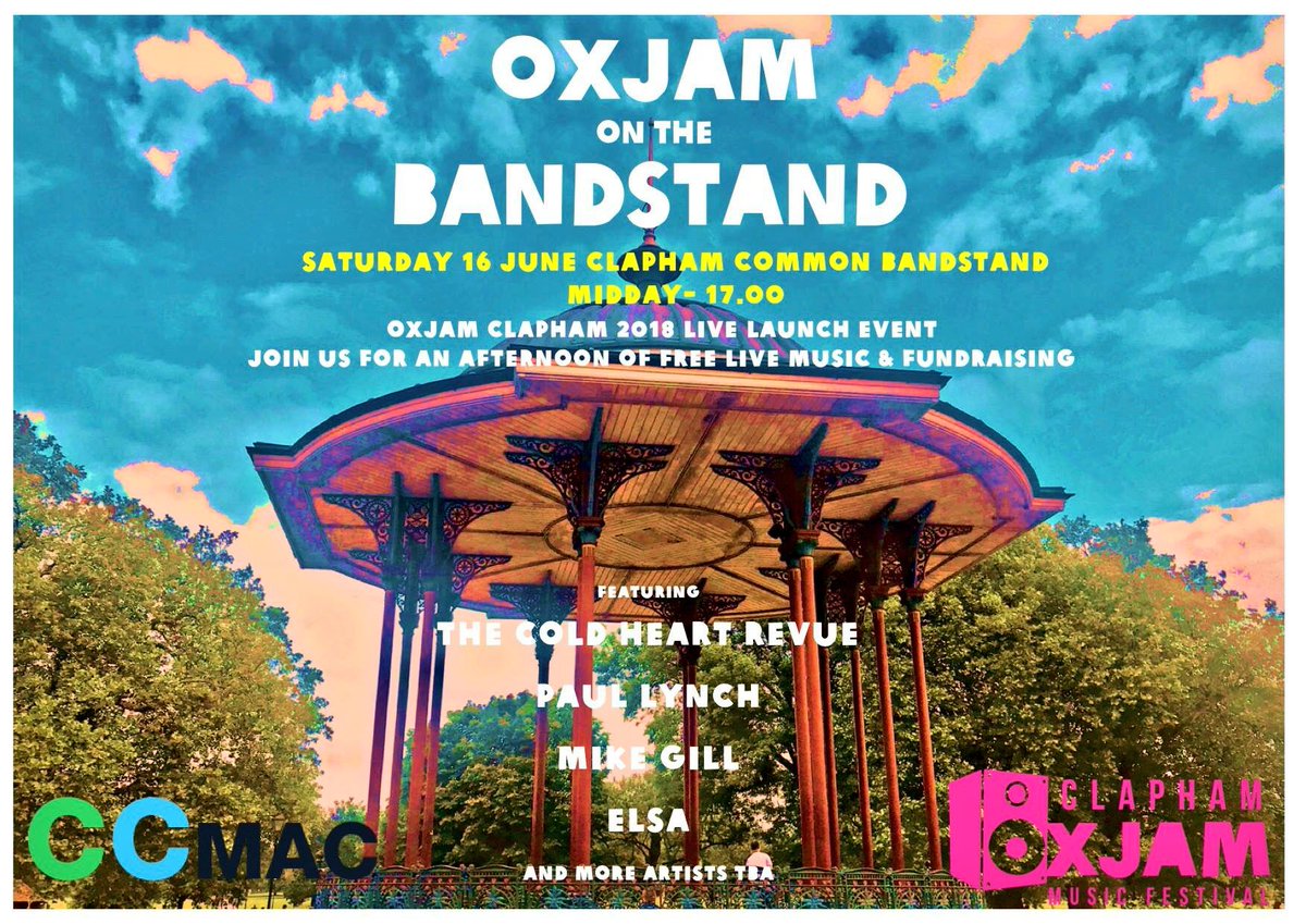 The first Oxjam Clapham event for 2018 is our first on the Clapham Common Bandstand and takes place on Saturday 16 June.

All are welcome to join us for an afternoon of great live music &amp; fundraising. 

Come along with 
🍷🍻🍼🏸🍏💰 👨‍👩‍👧👫👬🐩🐈🍱🍞🍌🍉 and more!!