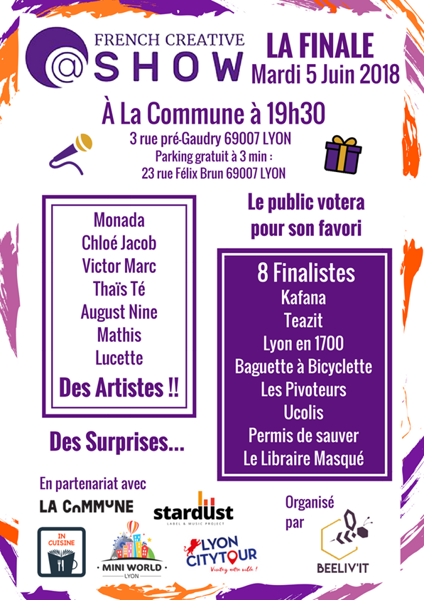 Beelivit's tweet photo. Rendez-vous à @LaCommuneLyon, ce mardi 5 juin, dès 19h45, pour assister à la 1ère finale du #frenchcreativeshow
@mounir @juliette_jarry @Attest_Legale @GKepenekian @ThierryDebarnot https://t.co/VxAwofHXZt