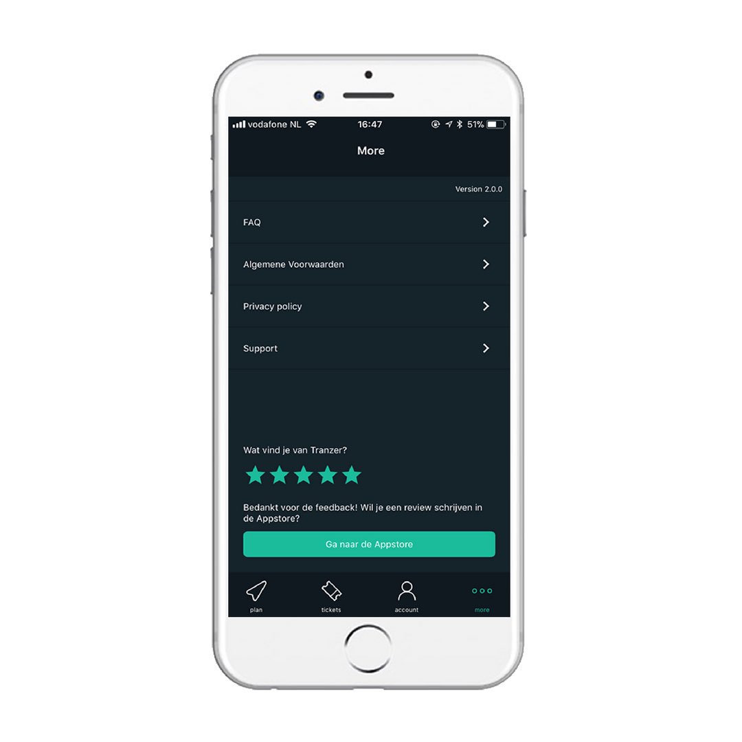 Tranzer_nl's tweet photo. Laat makkelijk en snel jouw beoordeling over Tranzer achter in de app. Deze functie is te vinden onder de pagina ‘more’. #tranzer #feedback #stars #ov #freedownload #publictransport #taxi #ios #android #app #appstore https://t.co/m1NKEpLjrK
