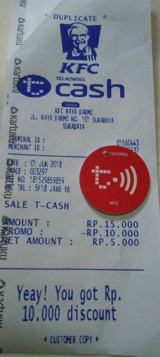 Mr_Enjoy_Aja's tweet photo. Buy fried chicken @KFCINDONESIA Darmo #Surabaya only 5.000 IDR using @TCASH_ID ☺
#Jakarta #Indonesia #Semarang #Bali #Lombok #KFC
#Goceng👍 https://t.co/SYyt1C7yLv