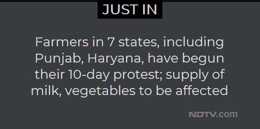 ndtv's tweet photo. Farmers in 7 states, including Punjab, Haryana, have begun their 10-day protest; supply of milk, vegetables to be affected https://t.co/TaIYbqgno9