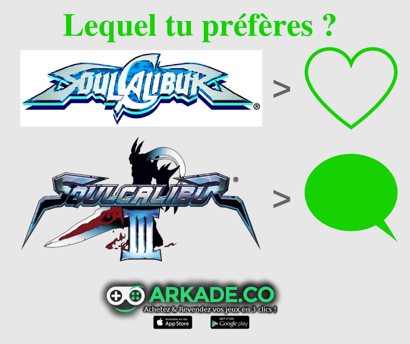 arkade_co's tweet photo. Lequel tu préfères ? #consoles #jeuxvideo #SoulCalibur #SoulCalibur3 
Téléchargez Arkade sur iOS / Android.
- iOS : https://t.co/iNyb62rTMd 
- Android : https://t.co/NS4IS8WvkE https://t.co/cUHmO0sK51