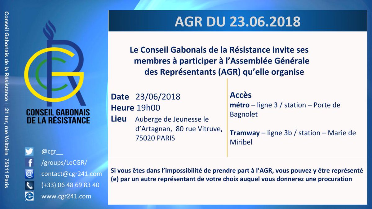 Assemblée générale du #CGR samedi 23 juin 2018
cgr241.com/cgr-cpress-201…
#Gabon #Résistance #ConseilGabonaisDeLaRésistance