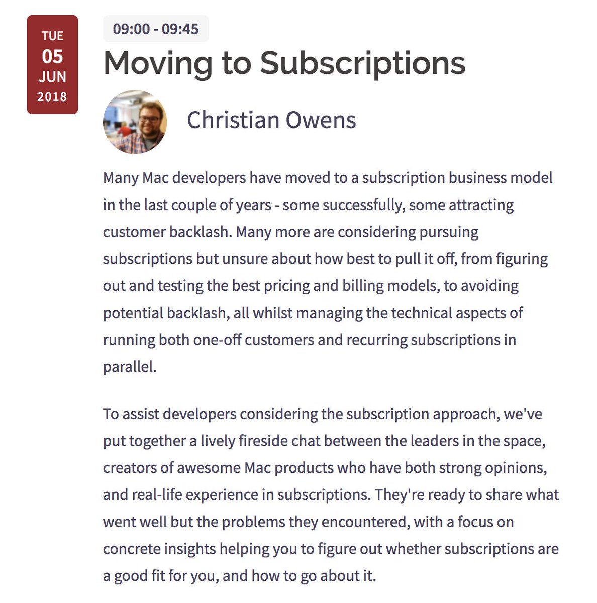 Thinking about moving to subscriptions? <a href="/heychristian/">Someone</a> is holding an exciting fireside chat at <a href="/AltConference/">AltConf</a> in San Jose this Tuesday during #WWDC18 joined by <a href="/pieteromvlee/">Pieter Omvlee</a>, <a href="/macguru17/">Max Seelemann</a>, <a href="/kosovan/">kosovan</a>, <a href="/mhp/">Mark H Pavlidis</a> and <a href="/DenZhadanov/">Denys Zhadanov</a> - see you there! 👋