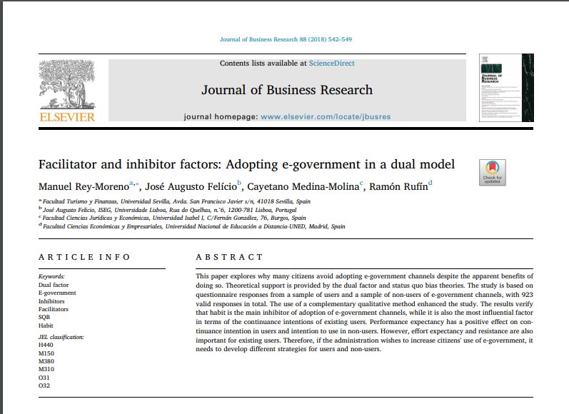 InvestigaUi1's tweet photo. El profesor e investigador de la @ui1Universidad @CayetanoMedina ha publicado un artículo titulado:"Facilitator and inhibitor factors: Adopting e-government in a dual model" en la revista Journal of Business Research. https://t.co/2uQaPt6xLp #eGovernment #dualmodel https://t.co/RssKQDvCaW