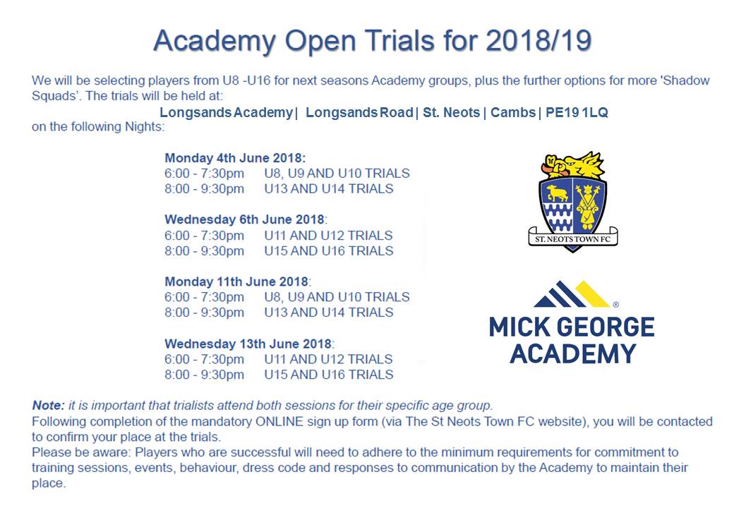 Spaces available for Academy Open Trials!
Our Academy Open Trials commence Monday 4th June for players aged u8-u16.

📍Venue: Longsands Academy
Please note: Astro trainers must be worn.

💻Register by clicking the link below:
goo.gl/forms/jfaoscSv…

#StNeots #AcademyTrials