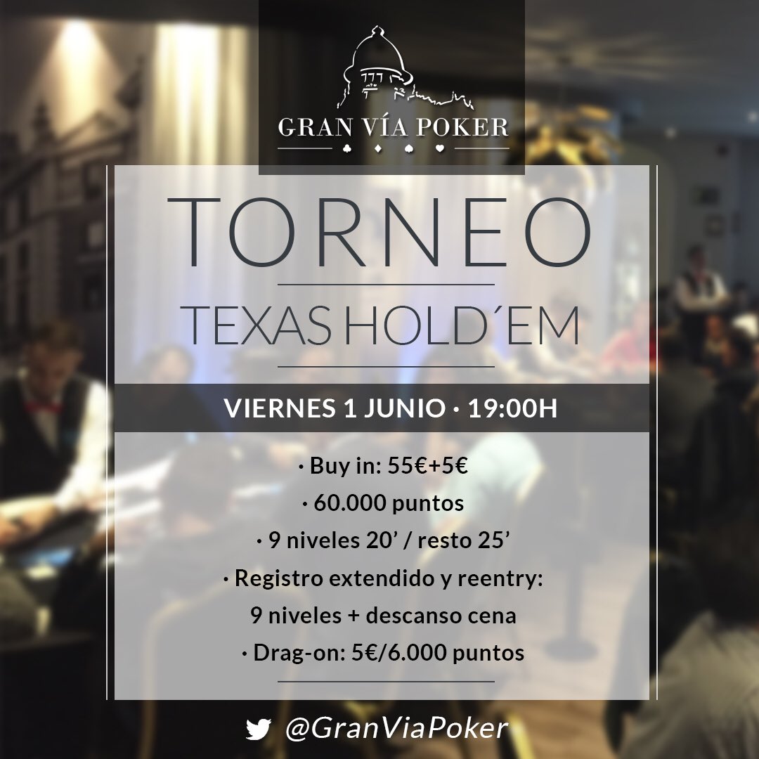 CasinoGVPoker's tweet photo. 1- Todos torneos en las 2 salas #GranViaPoker estos días 😎
@CasinoGranVia
VIE 19h #TexasH 55+5€
SAB 18h #TexasH 55+5€
https://t.co/nTdxfByKyn
@CasinoAranjuez
VIE 19h #DeepFriday 50+5€
VIE 23h Paralelo Express 20+5€
SAB 18h Especial BigOneDay 40+5€
SAB 🕖Final Liga S6... https://t.co/QfvPhknMHB