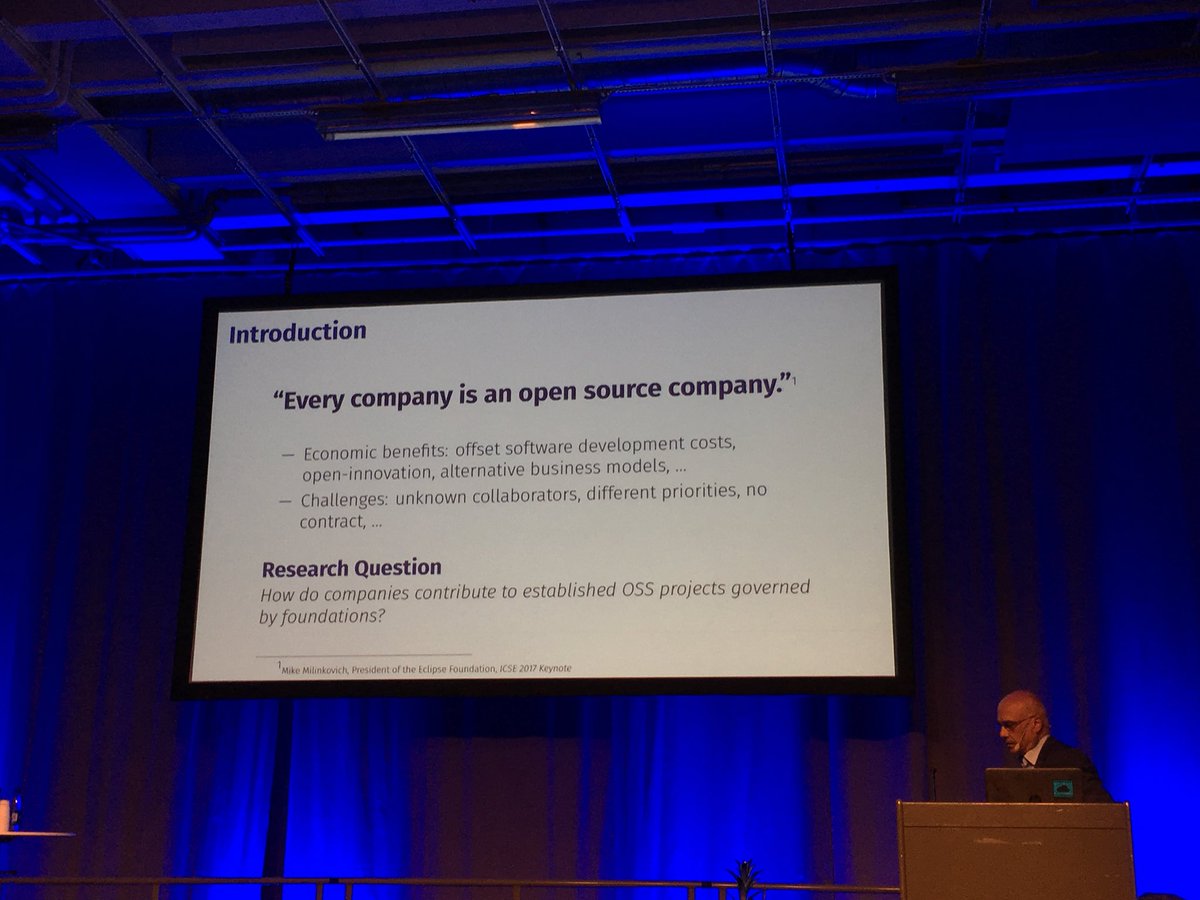 adrianmos's tweet photo. “Every company is an open source company” Keynote by @mmilinkov at #icse2017 being quoted at #icse2018 by Simon Butler. https://t.co/SmirZvXsgD