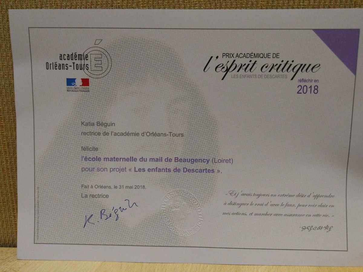 CircoSPSM's tweet photo. L'école maternelle du Mail de Beaugency primée au concours académique de l'esprit critique pour leur film Les Petits Enfants de Descartes. BRAVO! https://t.co/tumIdkCeIQ