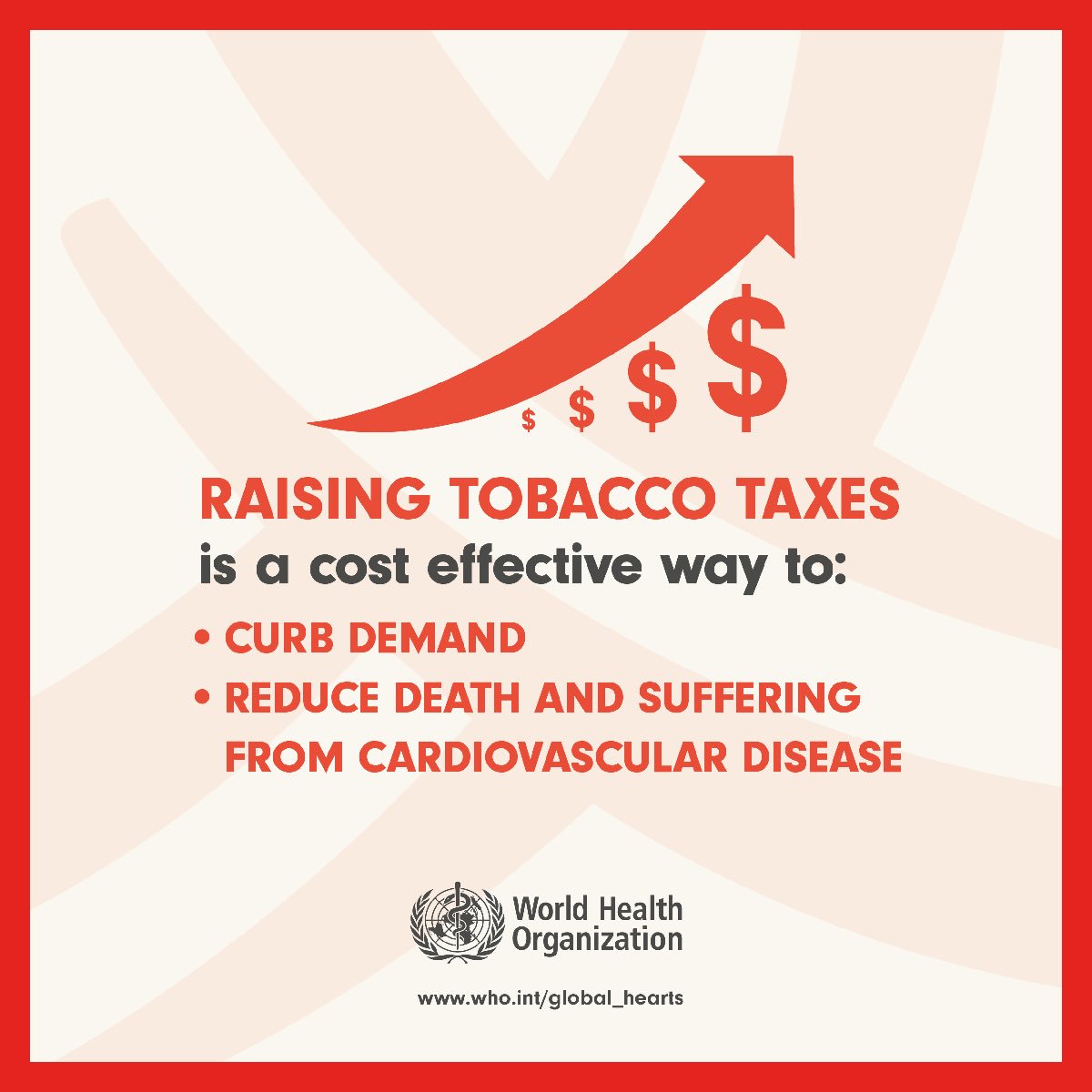 WHO's tweet photo. Raising tobacco taxes is a cost-effective way to:
-Curb demand
-Reduce death and suffering from cardiovascular diseases.
Tobacco tax helps #BeatNCDs.
#Tax4Health https://t.co/xCZGmtffsH