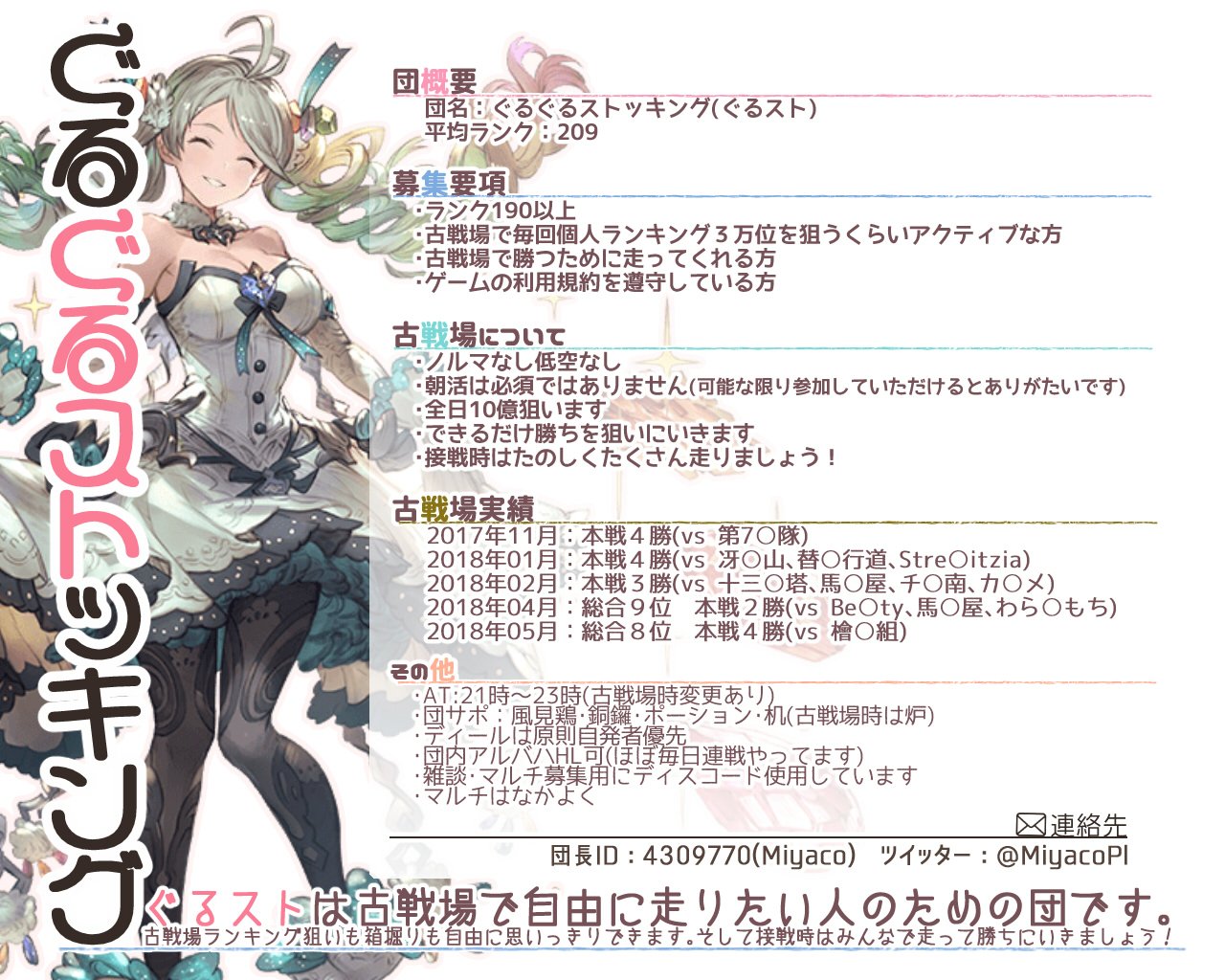 みやこ 72 Ar Twitter ぐるスト団員募集中です マッチング運ないので勝率は保証できませんが それでも一緒に楽しくたくさん古戦場を走ってくれる方を募集します Dm解放してますのでご興味ある方はお気軽にどうぞ ご連絡お待ちしてます 団員募集 グラブル