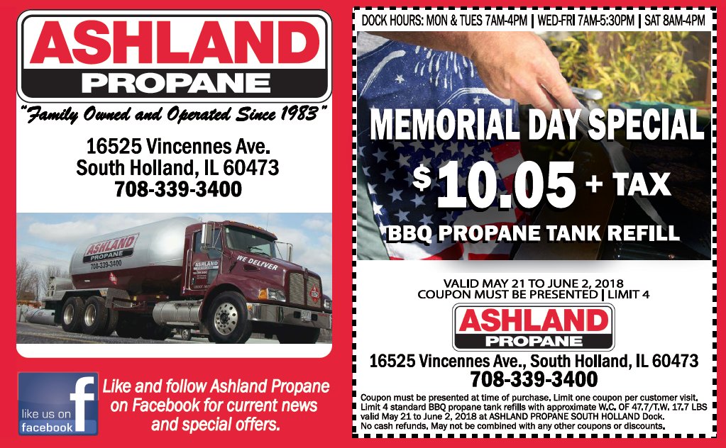 #SouthHolland area ... June 2 - is the last day to use #AshlandPropane's #MemorialDay coupon for four tank refills. #CouponRequired #FamilyTime #FamilyOwned #PropaneServices #CountryClubHills #CalumetPark #Flossmoor #Lansing #SaukVillage #Riverdale #ChicagoHeights #Matteson