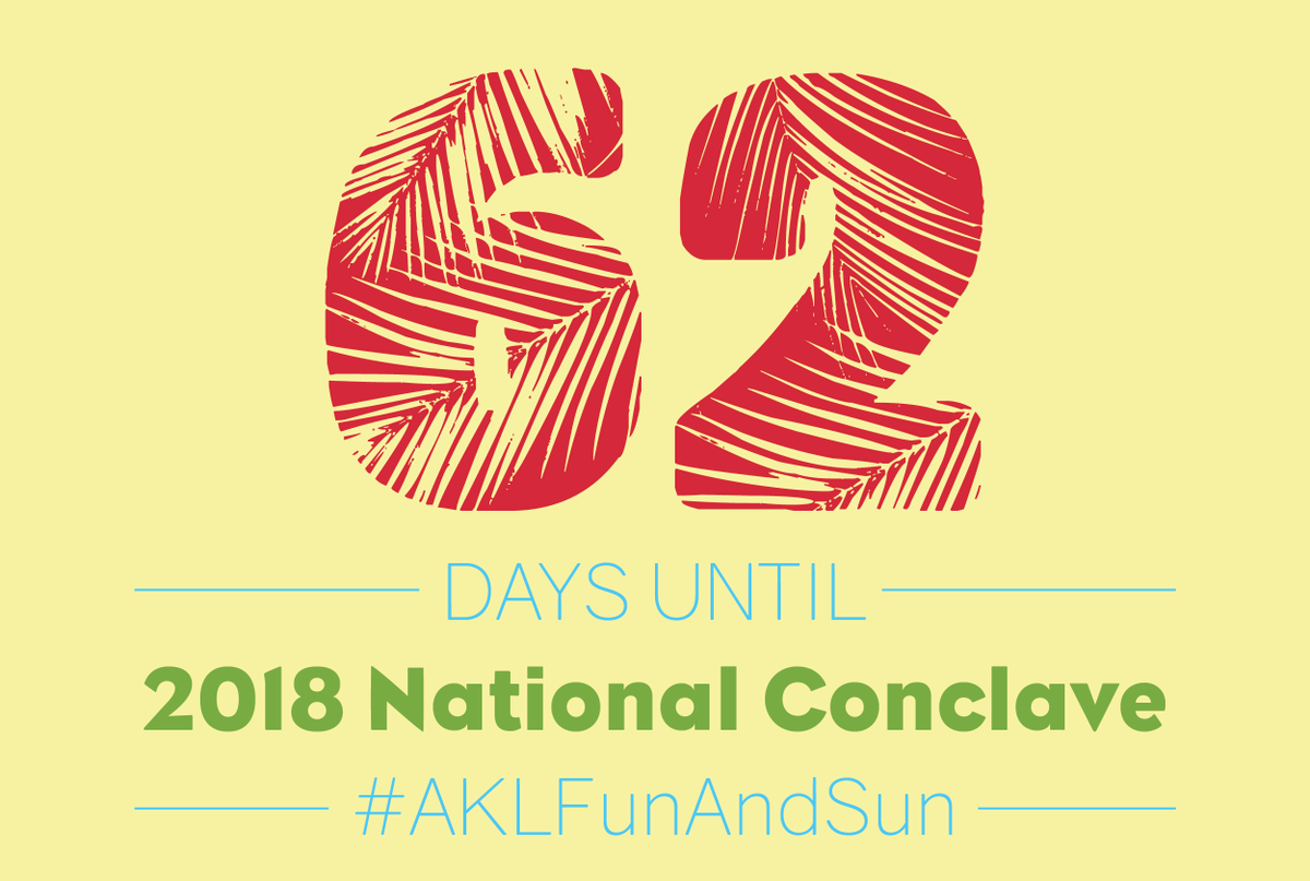 AKLFraternity's tweet photo. 62 days until 2018 AKL National Conclave starting August 2 so mark your calendar! Details located at, https://t.co/qkD3uYRqe2 #AKLFunAndSun https://t.co/ZFGo6QhClU