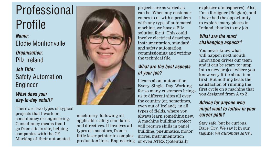 pilzireland's tweet photo. What's it like to work at #Pilz? Read the interview with Pilz team member Elodie Monhonvalle, Safety #AutomationEngineer, in the @CorkEveningEcho:
#jobs #TechInIreland #IrishEngineers https://t.co/6NLrs1r1oE
