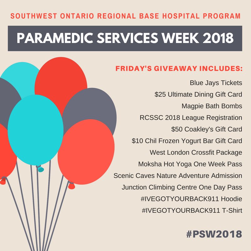 SWORBHP's tweet photo. #ParamedicServicesWeek Giveaway (Day 5 – Friday June 1). This is our VERY LAST giveaway so don’t forget to enter for your chance to win! To enter today's giveaway, retweet this and click https://t.co/3SN2UJPBjp #psw2017 https://t.co/eY4k8J16vr