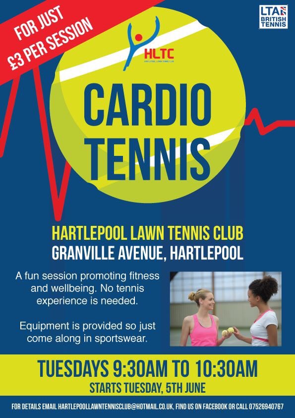 HartlepoolTC's tweet photo. Cardio tennis begins 9:30am, Tuesday 5th June at Hartlepool Lawn Tennis Club on Granville Avenue. No tennis experience is required - just you, your sportswear and whichever friends you want to bring along. A great way to exercise and stay fit #hartlepooltennis https://t.co/Xn3a78IC6Y