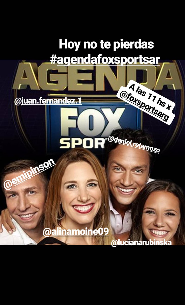 📣NO TE LO PIERDAS #AgendaFOXSPortsAr 🇦🇷 hoy 11 hs x @FOXSportsArg ⚽🏀🏐🎾.
Con éste #equipazo 
@pinson1972
@AlinaMoineOk
@DanielRetamozo
@LucianaRubinska
@juanferfox
.
.
#fox #deportes #programaenvivo #programadeportivo #argentina