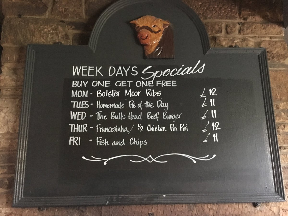 Buy One Get One Free on fish and chips every Friday.  Fish and chips twice for £11, yes twice for £11!