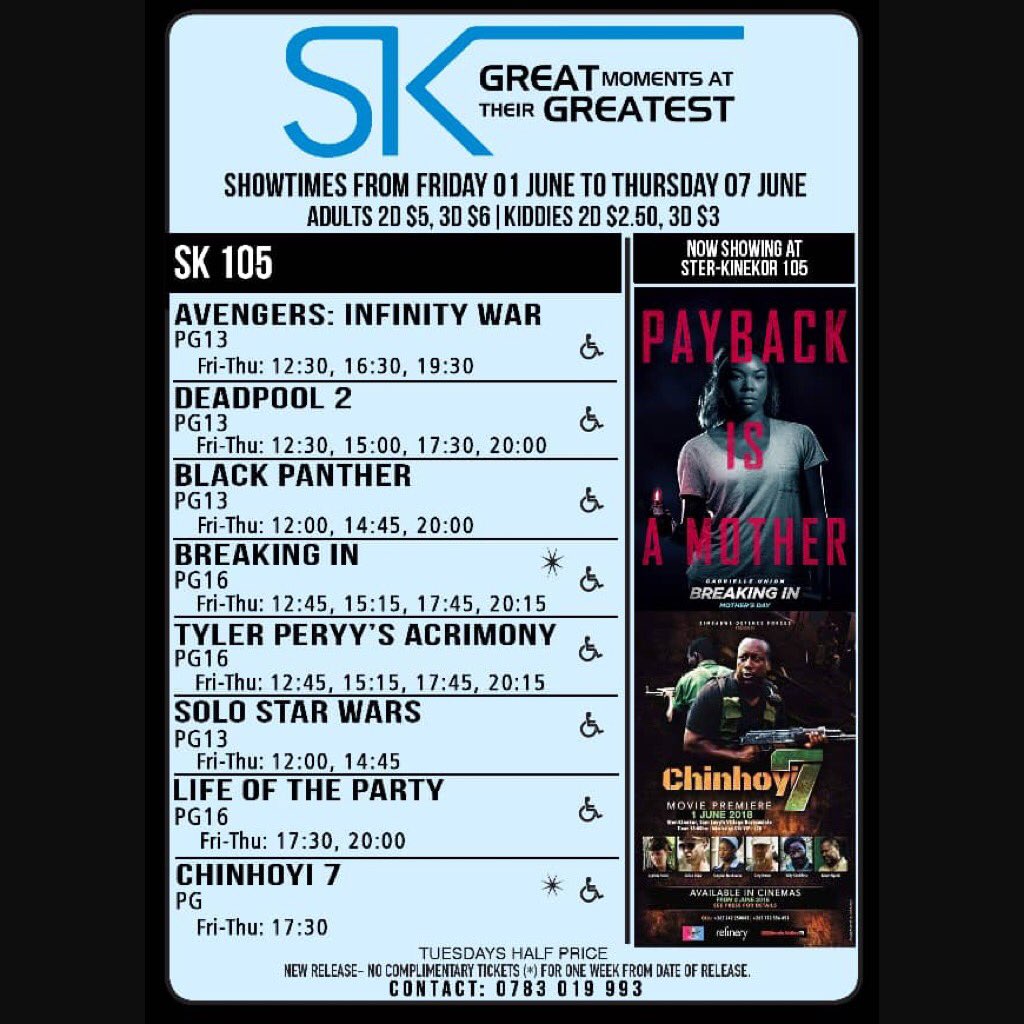 SterkinekorZim's tweet photo. Our lineup for the first week of June. New on circuit are Breaking In, Overboard and the local production Chinhoyi 7 ๐ฟ๐ผ #SupportLocalProductions https://t.co/W2910al2Ev