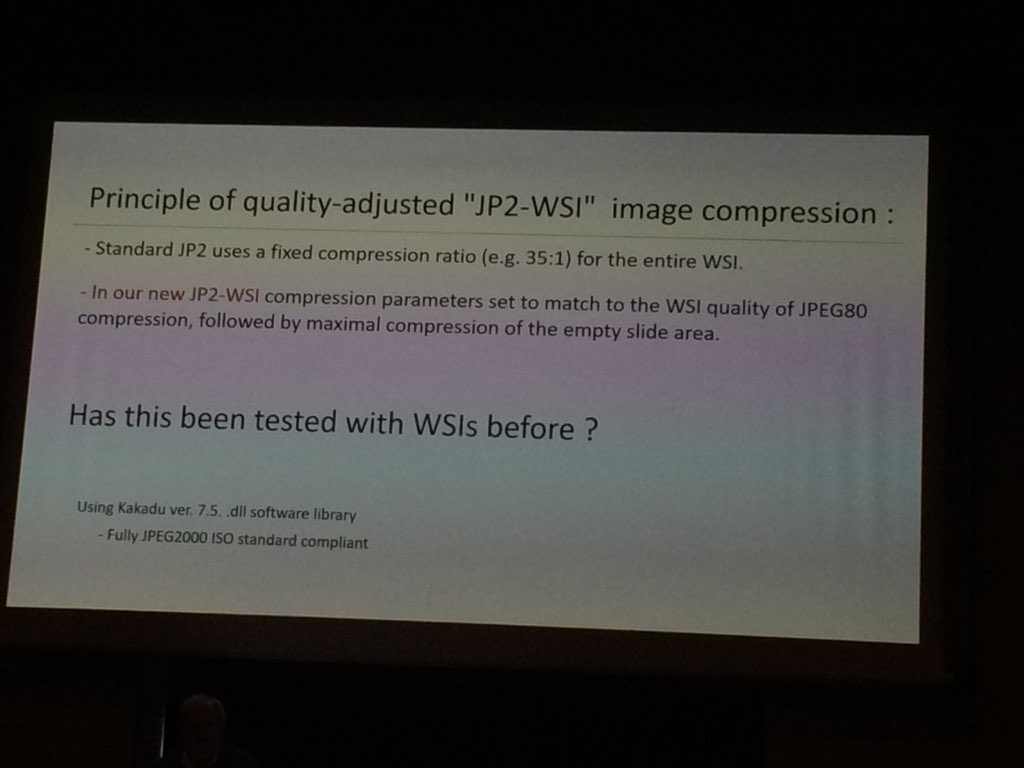 dameisen's tweet photo. #ECDP2018 PS13: Why not JPEG2000 for WSI storage?
Jorma Isola, Professor @ University of Tampere #standardization #digitalPathology https://t.co/AYav0zcmnP