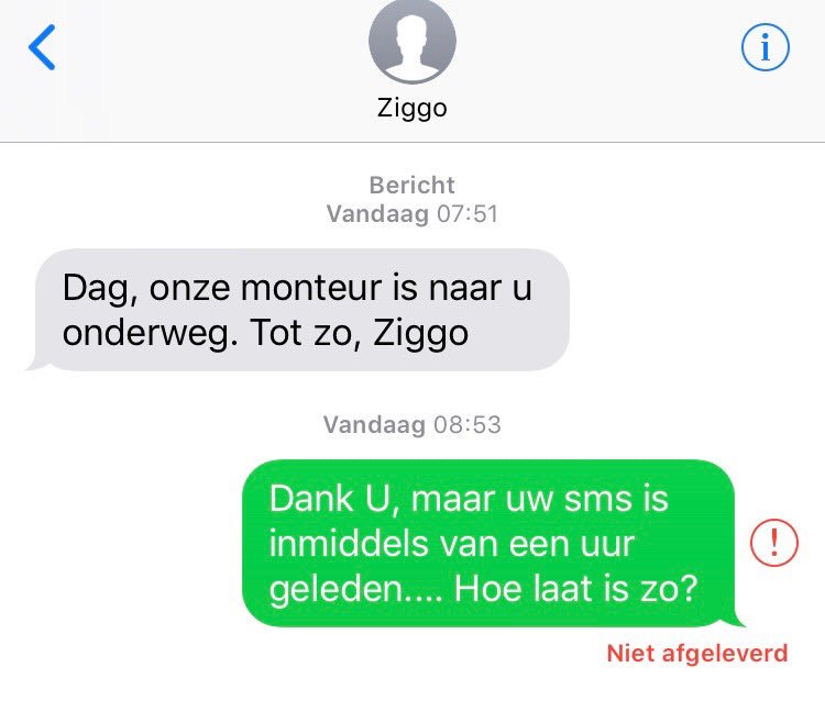 gripje's tweet photo. Dit sms-je kreeg ik vanmorgen om 07.51 uur van #techbedrijf @ZiggoWebcare : “Onze monteur is naar u onderweg. Tot zo.” Is nu 3,5 uur later... En je kunt geen sms terugsturen hè... 😢 https://t.co/1Sri0TPhEZ