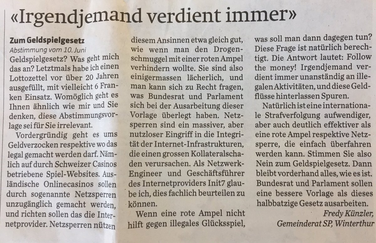 Mein Leserbrief zum #Geldspielgesetz ist heute im <a href="/landbote/">Landbote.ch</a> erschienen. (bitte RT). <a href="/gsg_nein/">Nein zum Geldspielgesetz</a>
