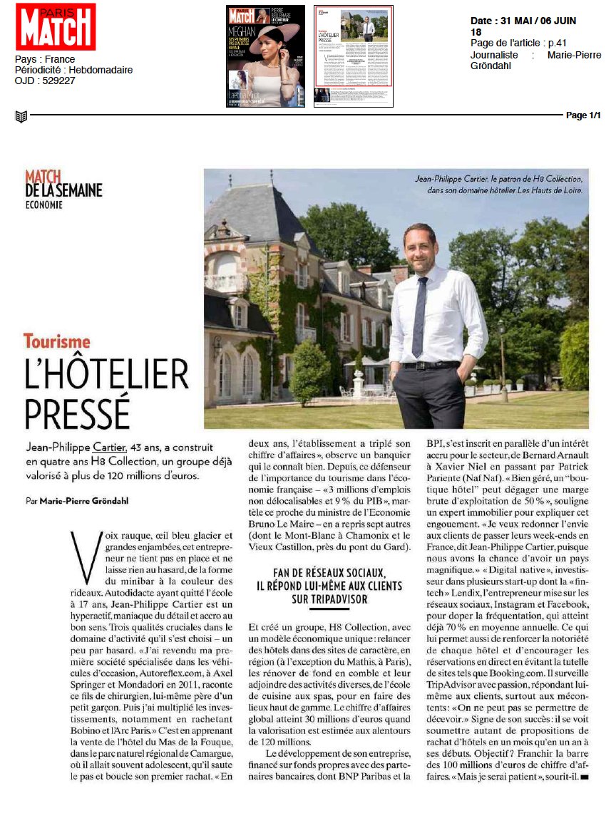 " (...) Nous avons la chance d'avoir un pays magnifique" 🇫🇷

Un immense merci à Paris Match et Marie-Pierre Gröndahl pour ce très bel article sur H8 Collection et son dirigeant pressé grand défenseur du tourisme en France ! 😊

- Paris Match - Jeudi 31 Mai 2018 -