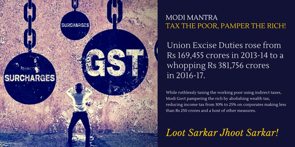 cpimspeak's tweet photo. #LootSarkarJhootSarkar 
Modi Mantra: Tax the poor, Pamper the Rich!
#4YearsFullOfTears https://t.co/pQg0oiMKU2