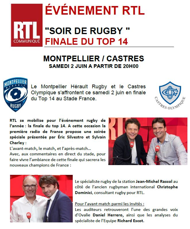 🔴🏉 ÉVÉNEMENT RTL // La première radio de France se mobilise pour l’événement rugby de l’année : la finale du top 14 ! Une soirée spéciale présentée par Éric Silvestro, @CharleyRTL, Jean-Michel Rascol et  l’ancien rugbyman international <a href="/christophedomi/">christophe dominici</a> #Top14 #MHRCO