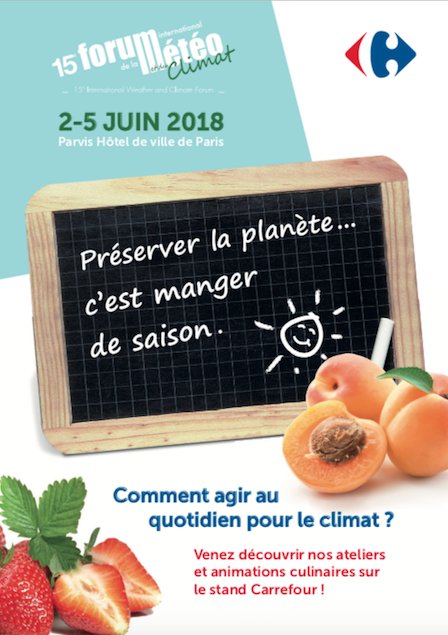 news_carrefour's tweet photo. Du 2 au 5 juin se tiendra le @Forumeteoclimat sur le Parvis de l’Hôtel de Ville de Paris. Dans la lignée de la #SemaineduDD, aux côtés de météorologues et climatologues, #Carrefour s'engage dans un programme d’action ambitieux : « Préserver la planète, c’est manger de saison» ! https://t.co/Y8M8N9xAZl